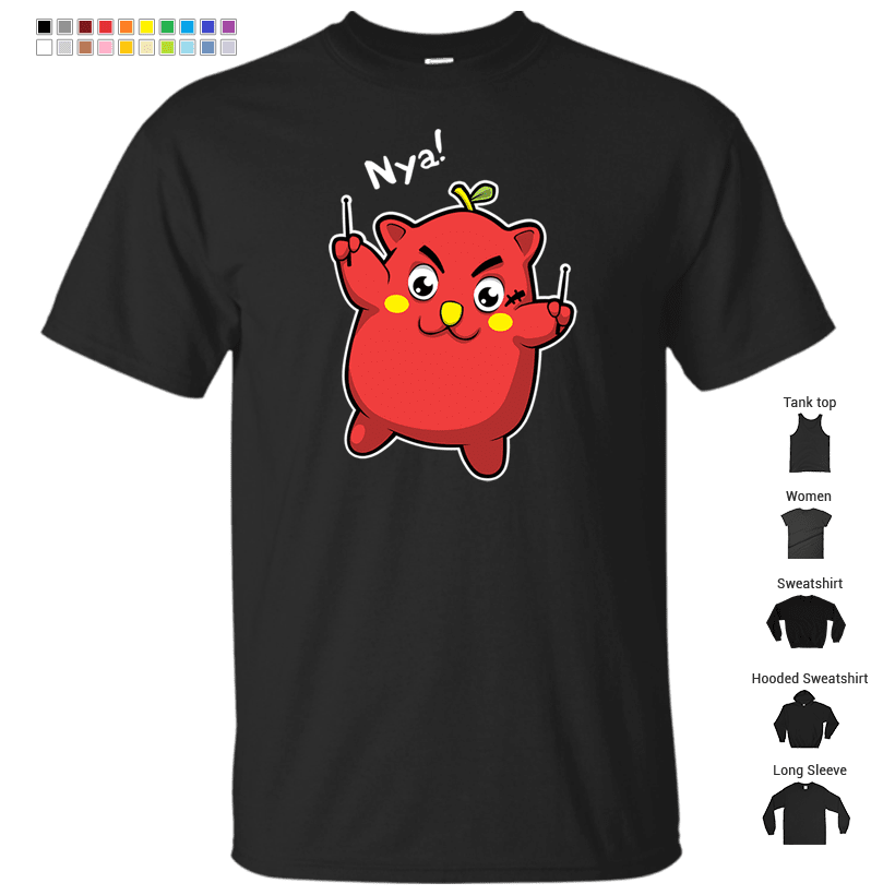 Nyango Star - Cute Japanese Apple Cat Drummer Mascot T-Shirt